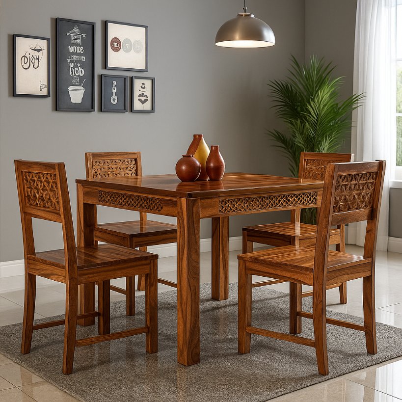 Aangan Hand-Carved Solid Wood Dining Set – 4 Seater