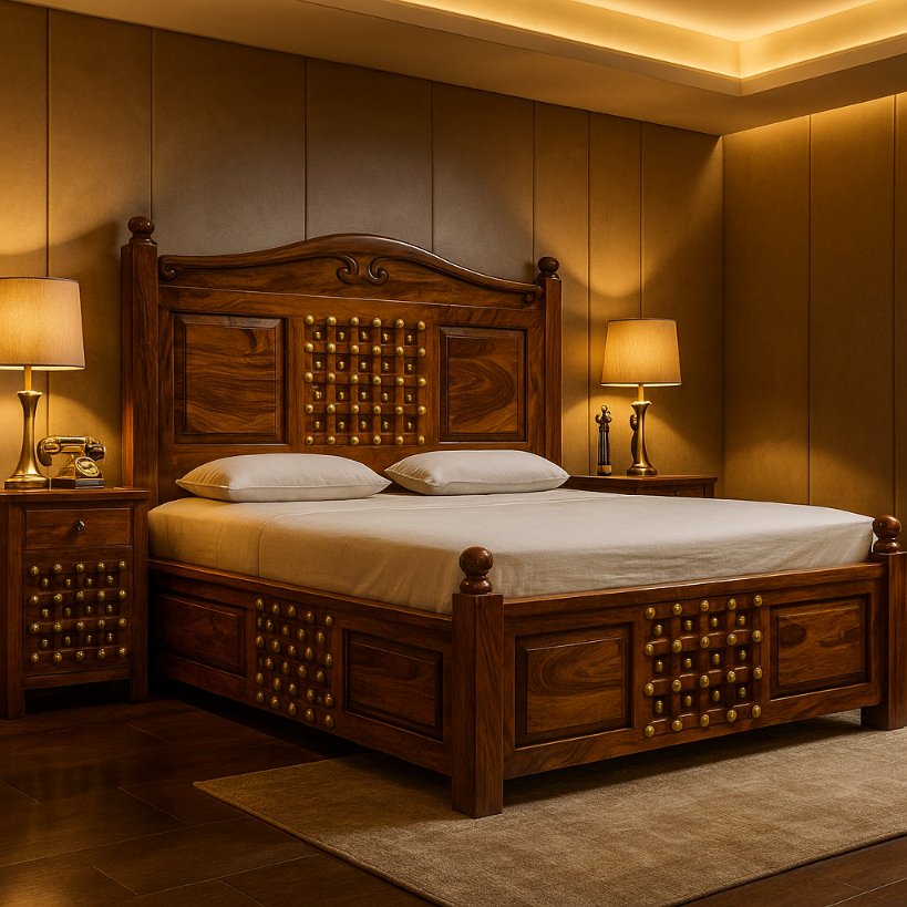 Aangan Royal Brass-Button Sheesham Bed