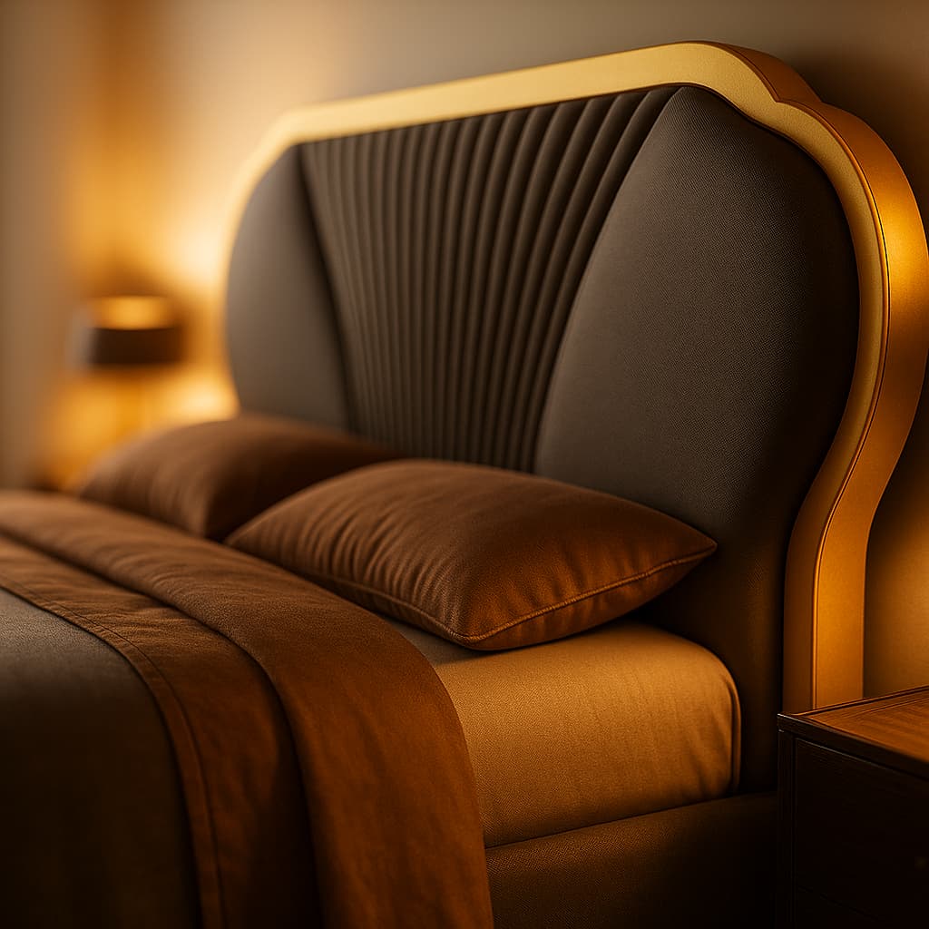 Aangan Premium Velvet Panel Bed with Golden Accents