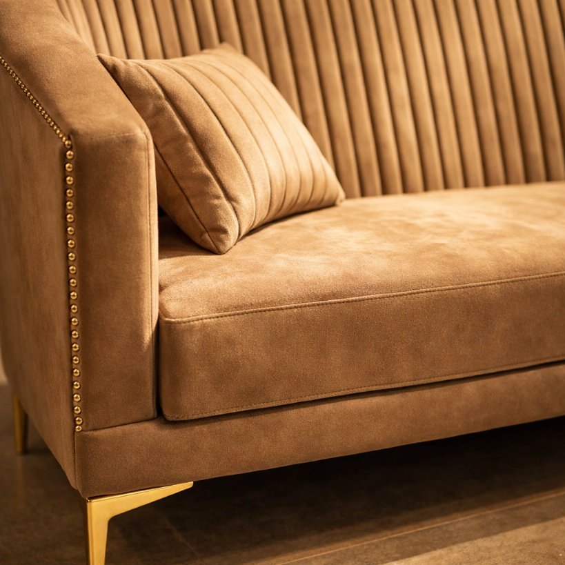 Lunara Velvet Sofa Set with Fluted Backrest & Gold-Finish Legs