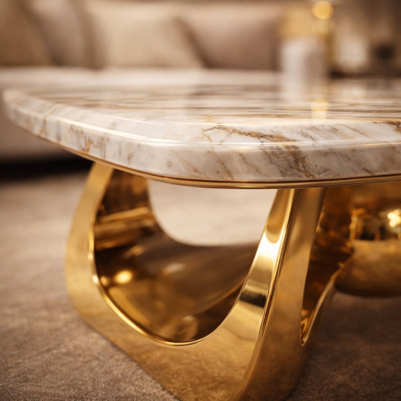 Designer Marble Top Centre Table with Gold Sculptural Base