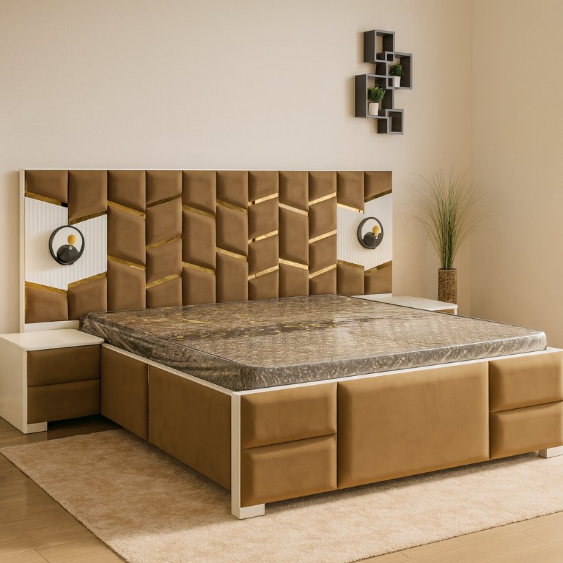 Luxury Upholstered Bed With Geometric Headboard
