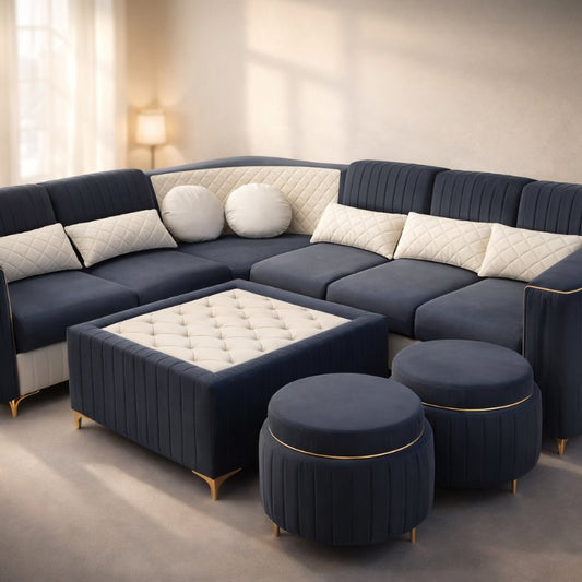 Royal Navy Luxe L-Shape Sectional Sofa with Ottoman & Pouffes