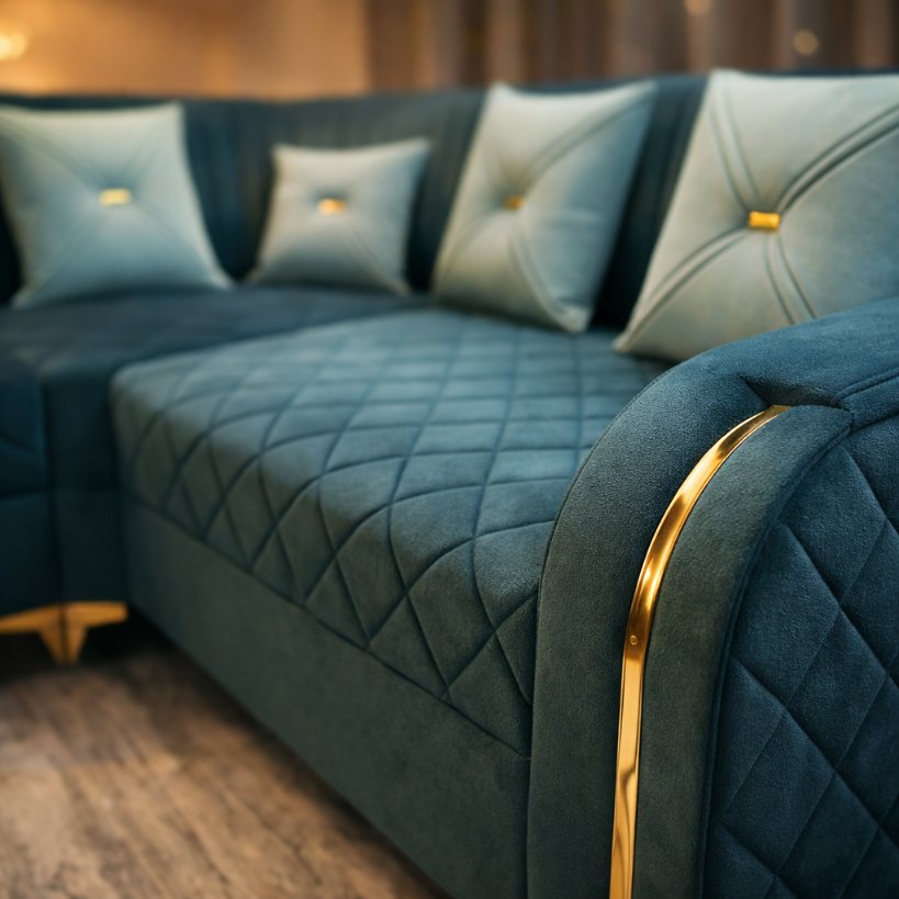 Azure Haven Premium L-Shape Sectional Sofa with Glass-Top Center Table