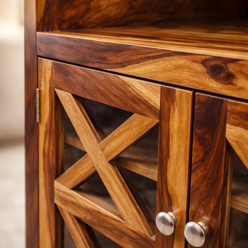 Aangan Solid Wood Shoe Rack with Cross-Panel Doors & Top Drawer