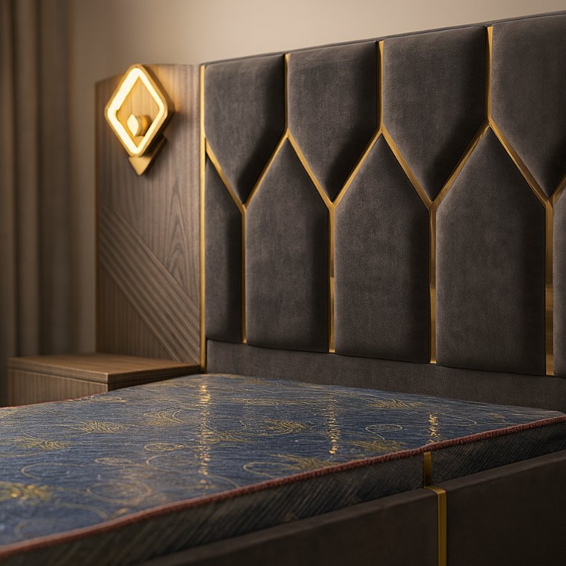 Noir Arcadia Upholstered Bed with Brass Accent Detailing