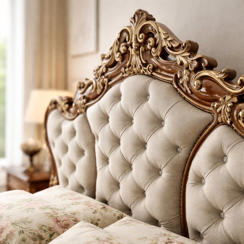 Victorian Royale Handcrafted Upholstered Bed with Ornate Wooden Frame