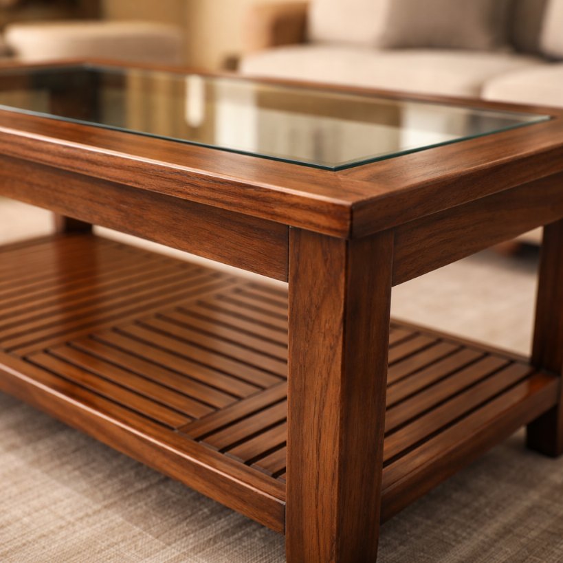 Solid Wood Glass Top Centre Table with Storage Shelf