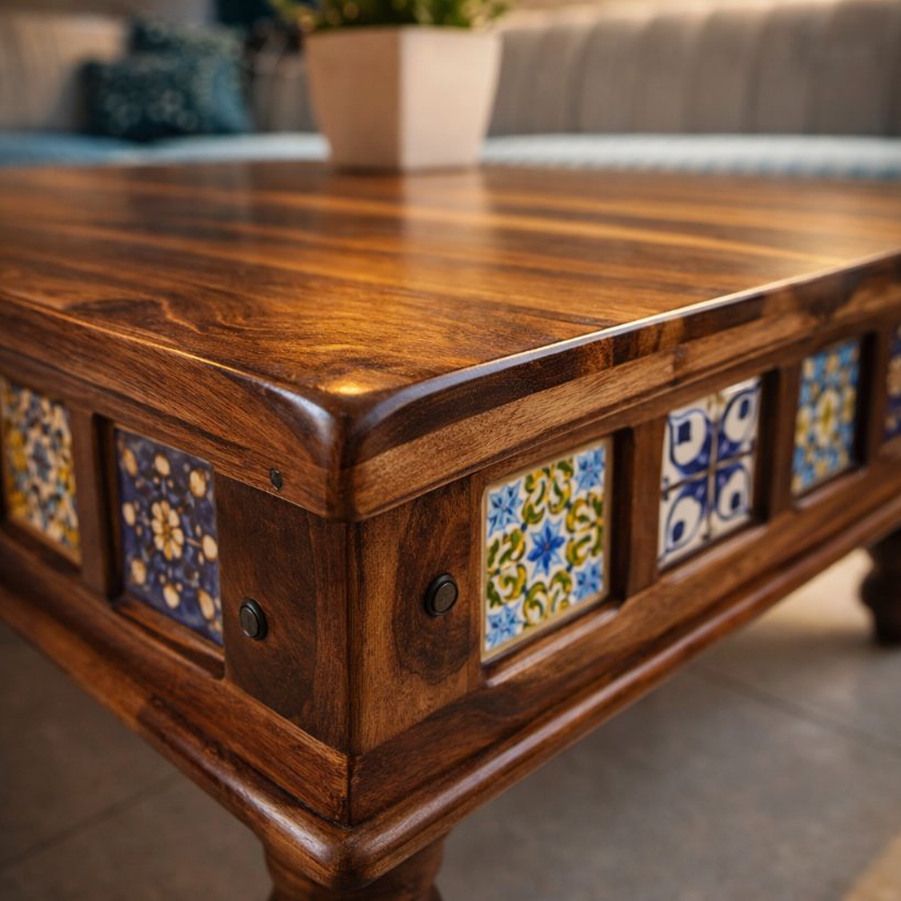 Handcrafted Solid Wood Centre Table with Decorative Tile Inlay