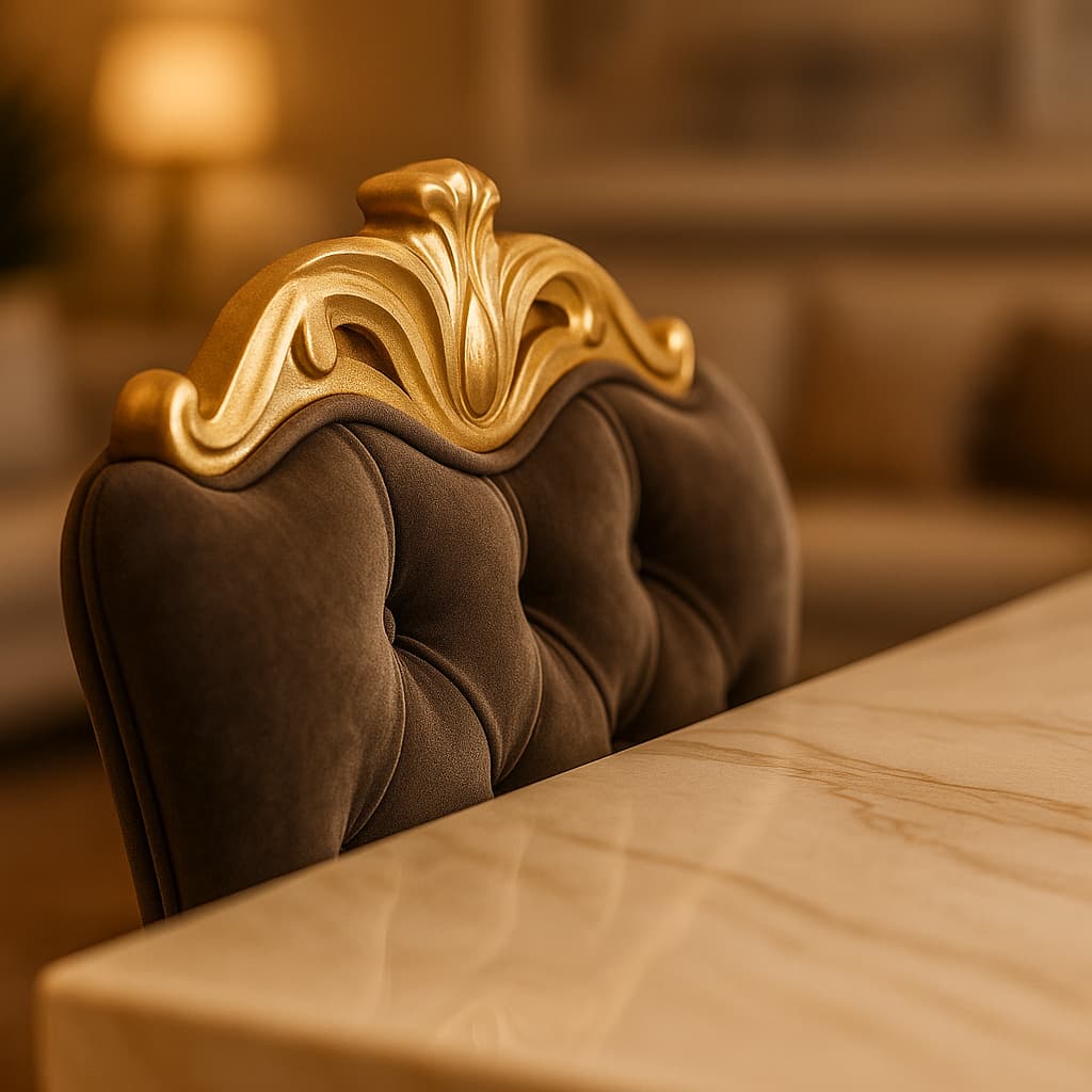 Aangan Luxury Velvet-Gold 6-Seater Royal Dining Set – Italian Marble Top | Premium Carved Back Chairs