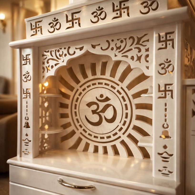 Aangan Divine Home Mandir with Om Carving & Storage β Premium White Finish