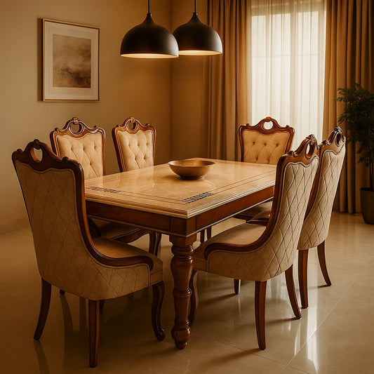 Aangan Royal Classic 6-Seater Dining Table Set – Solid Wood Frame & Premium Upholstered Chairs