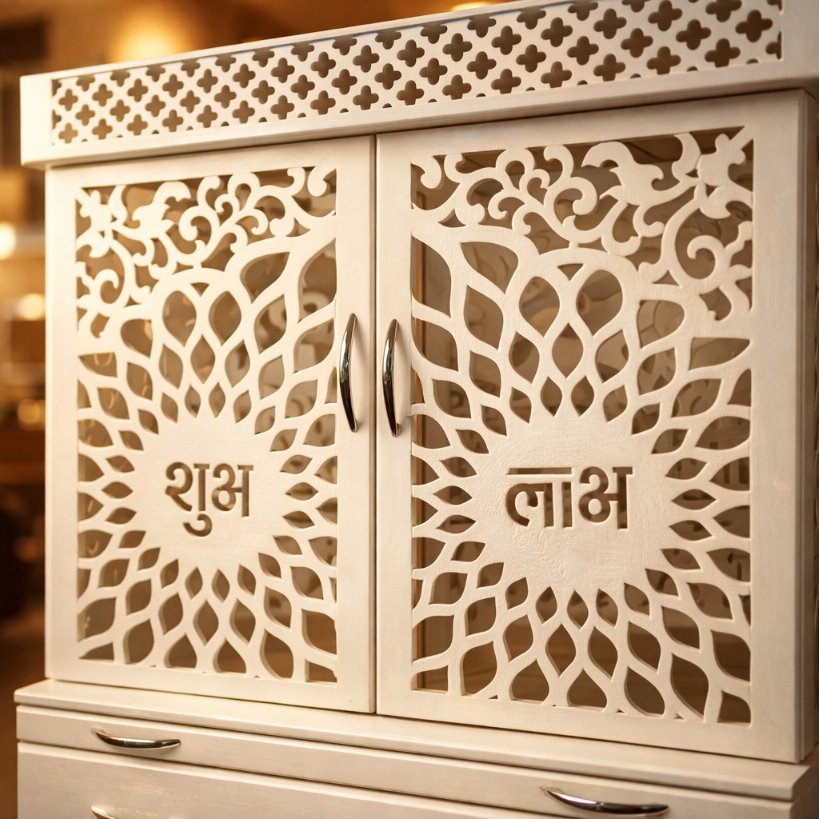 Aangan Shubh–Laabh Luxury Home Mandir with Ornamental Jali Doors & Storage