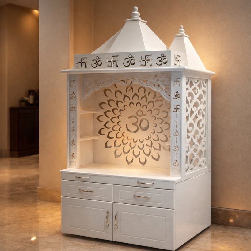 Aangan Om Lotus Luxury Home Mandir with Backlit Panel & Storage