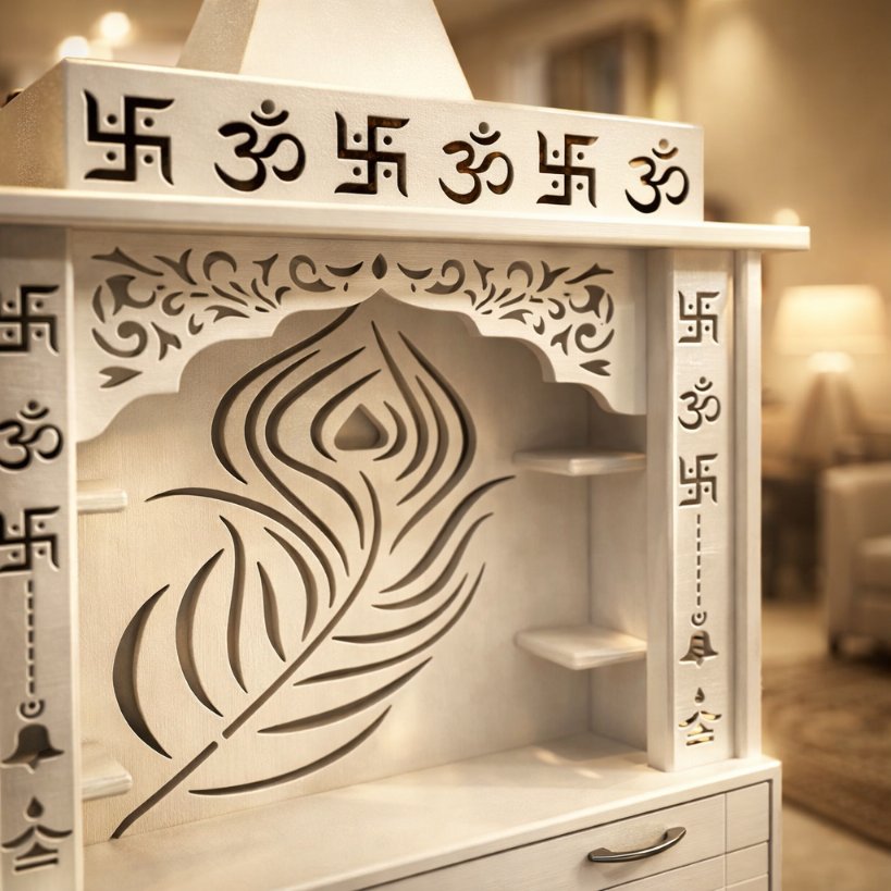 Aangan Morpankh Luxury Home Mandir with Backlit Carving & Storage