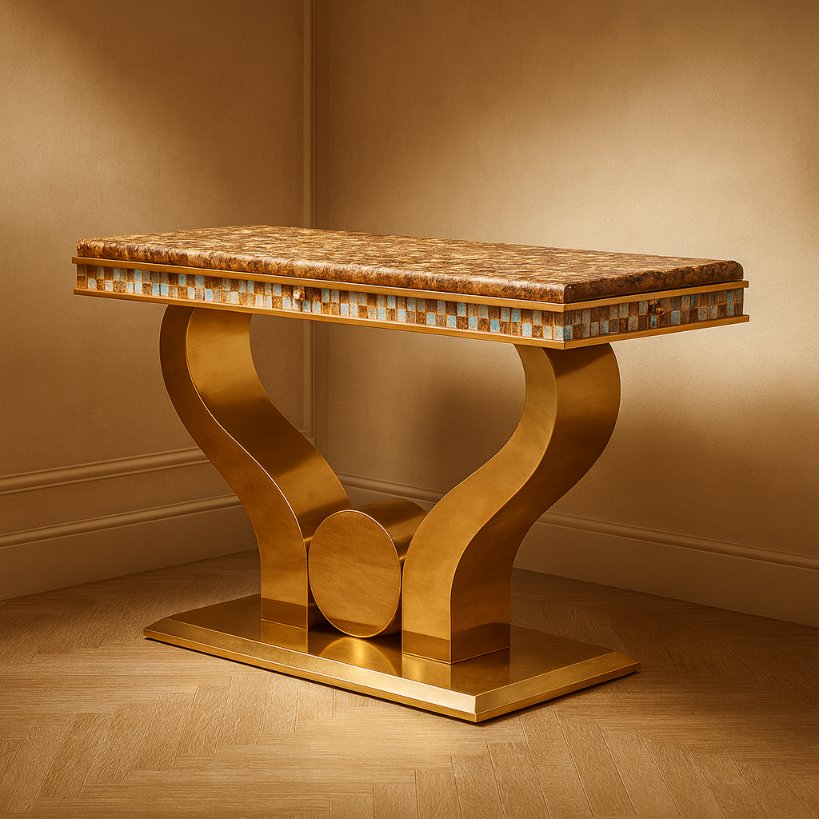 Designer Marble Top Console Table with Sculpted Gold Base
