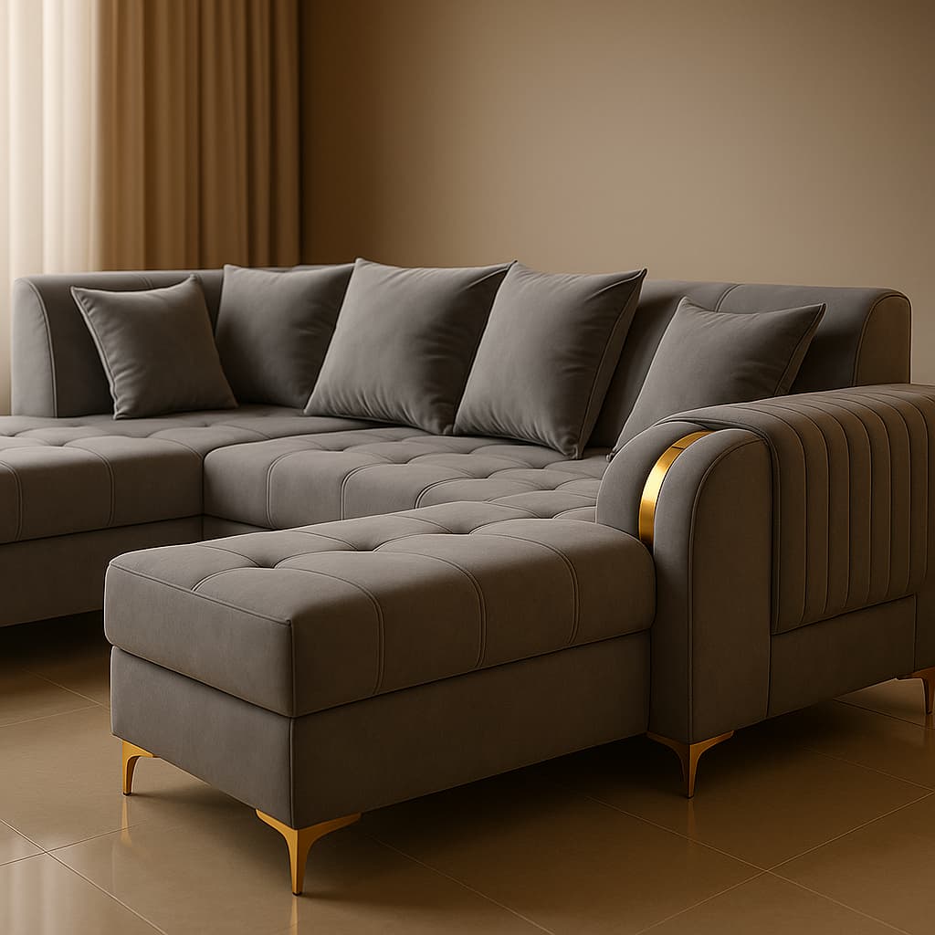 Aangan Grey Majesty 7-Seater Luxury L-Shaped Sofa with Lounger