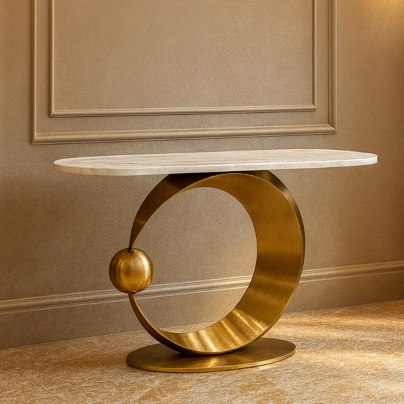 Designer Marble Top Console Table with Circular Gold Base