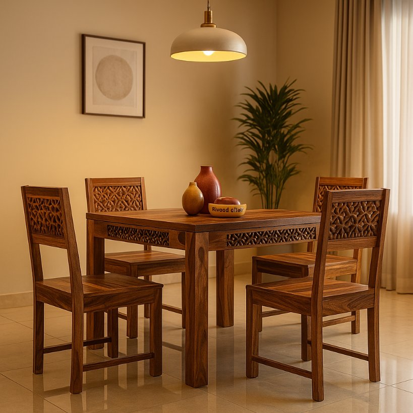 Aangan Hand-Carved Solid Wood Dining Set – 4 Seater