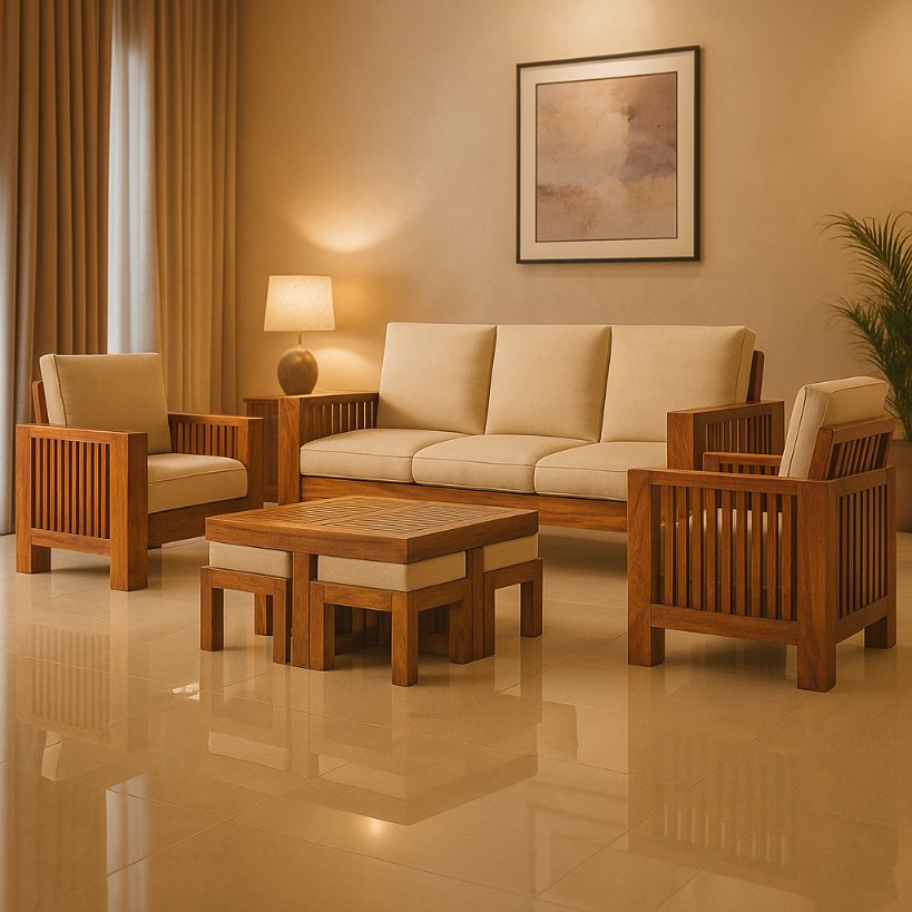 Aangan Classic Slatted Solid Wood Sofa Set