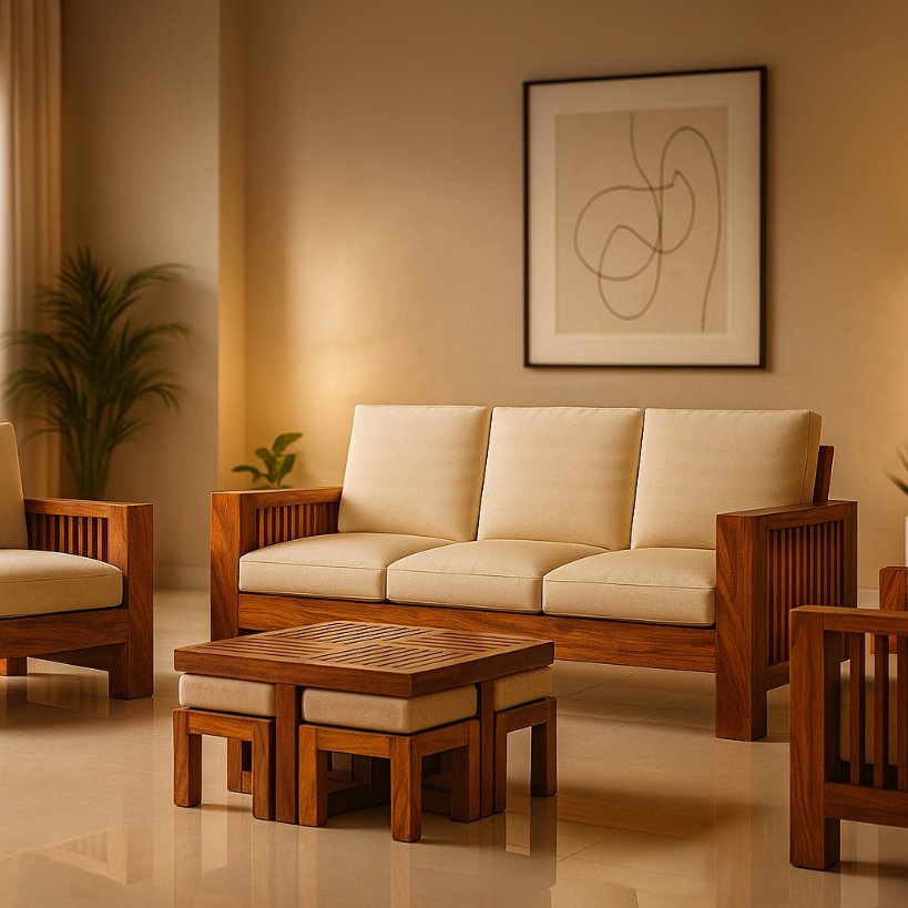 Aangan Classic Slatted Solid Wood Sofa Set