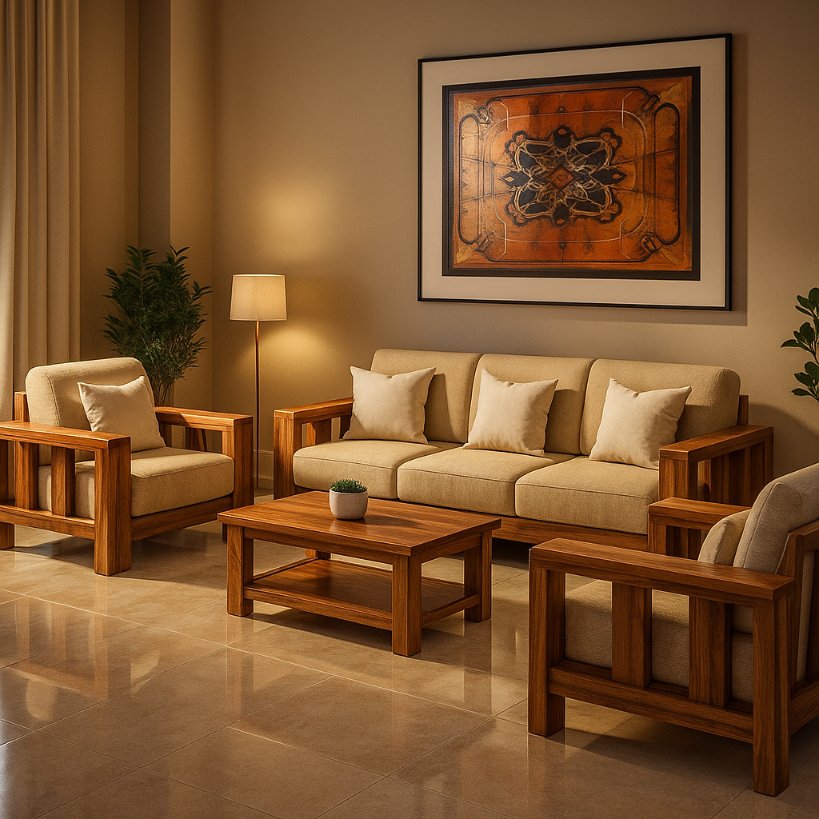 Aangan Royal Slatted Teak-Finish Sofa Set