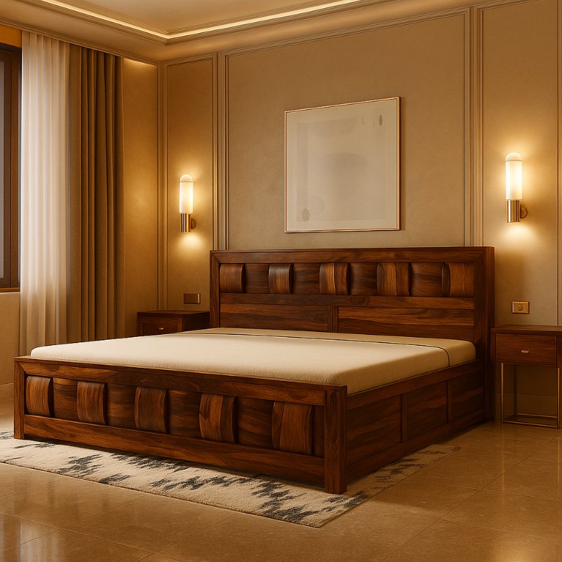 Aangan Wave-Carved Solid Sheesham Bed