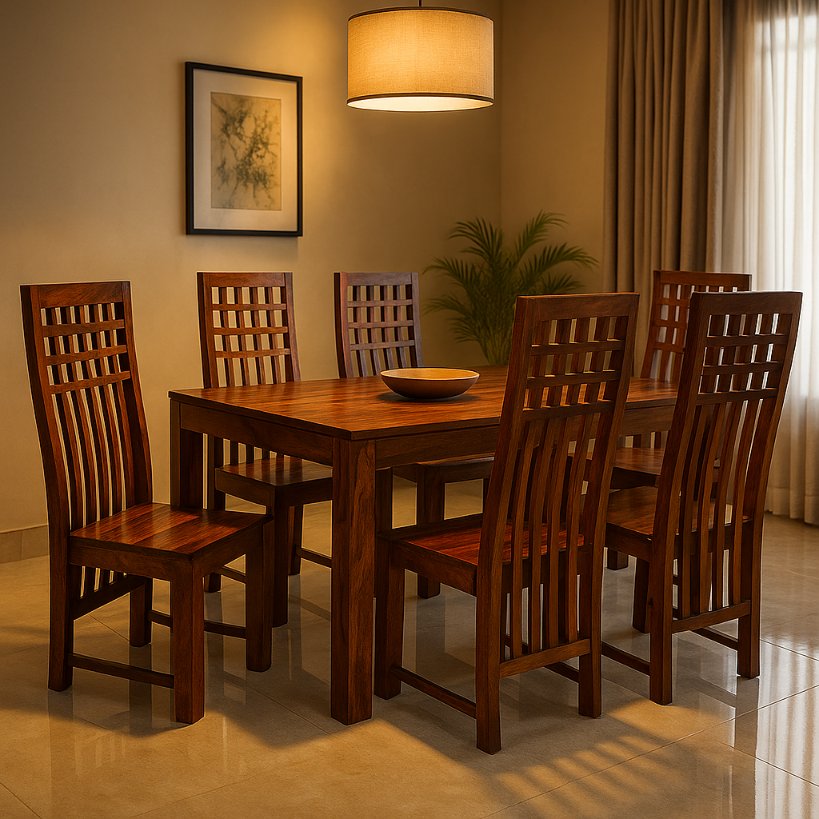 Aangan Grid-Back Sheesham Dining Set – 6 Seater