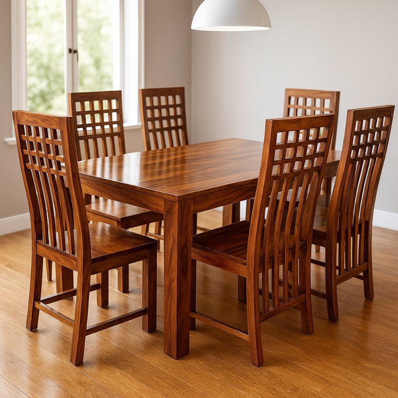 Aangan Grid-Back Sheesham Dining Set – 6 Seater