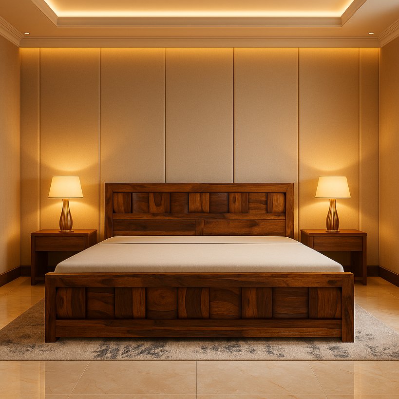 Aangan Wave-Carved Solid Sheesham Bed