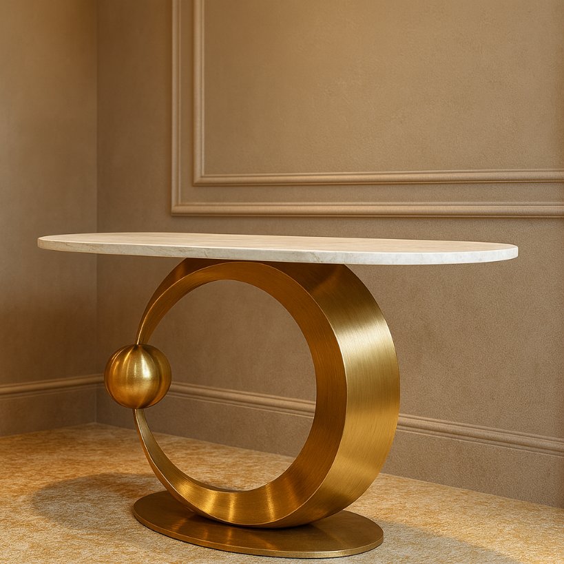 Designer Marble Top Console Table with Circular Gold Base