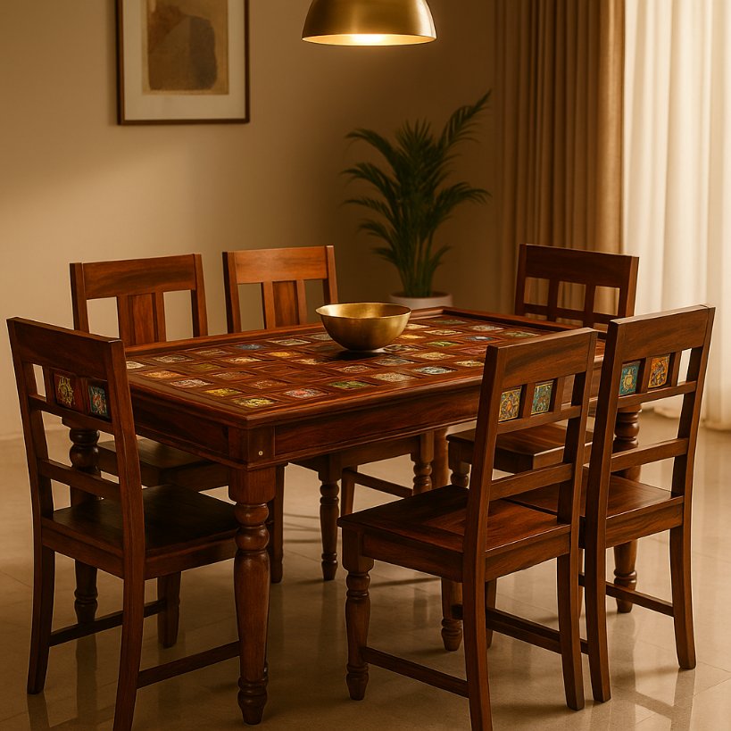 Aangan Sheesham Tile-Inlay Dining Set – 6 Seater