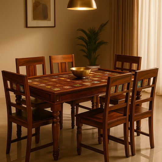 Aangan Sheesham Tile-Inlay Dining Set – 6 Seater