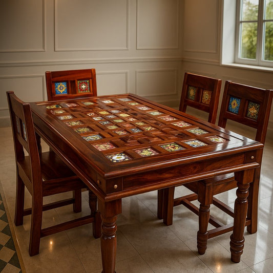 Aangan Sheesham Tile-Inlay Dining Set – 6 Seater