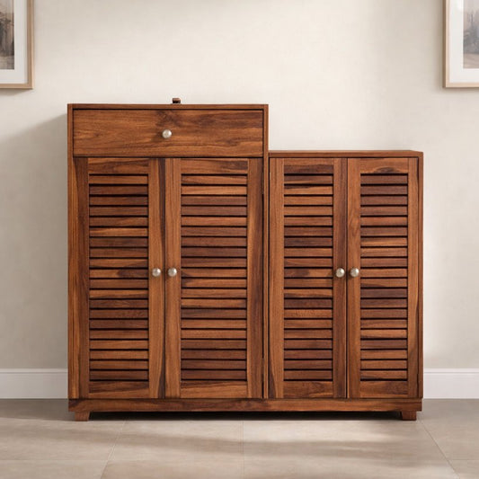 Aangan Solid Wood Dual-Cabinet Shoe Rack with Drawer Storage