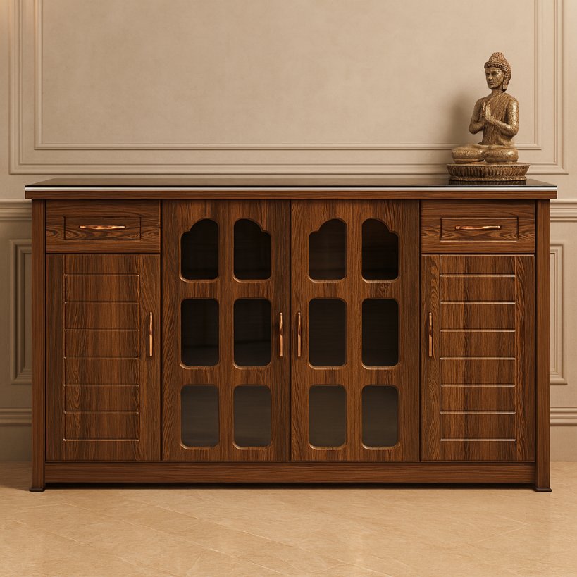 Solid Wood Sideboard Cabinet with Glass Panel Doors
