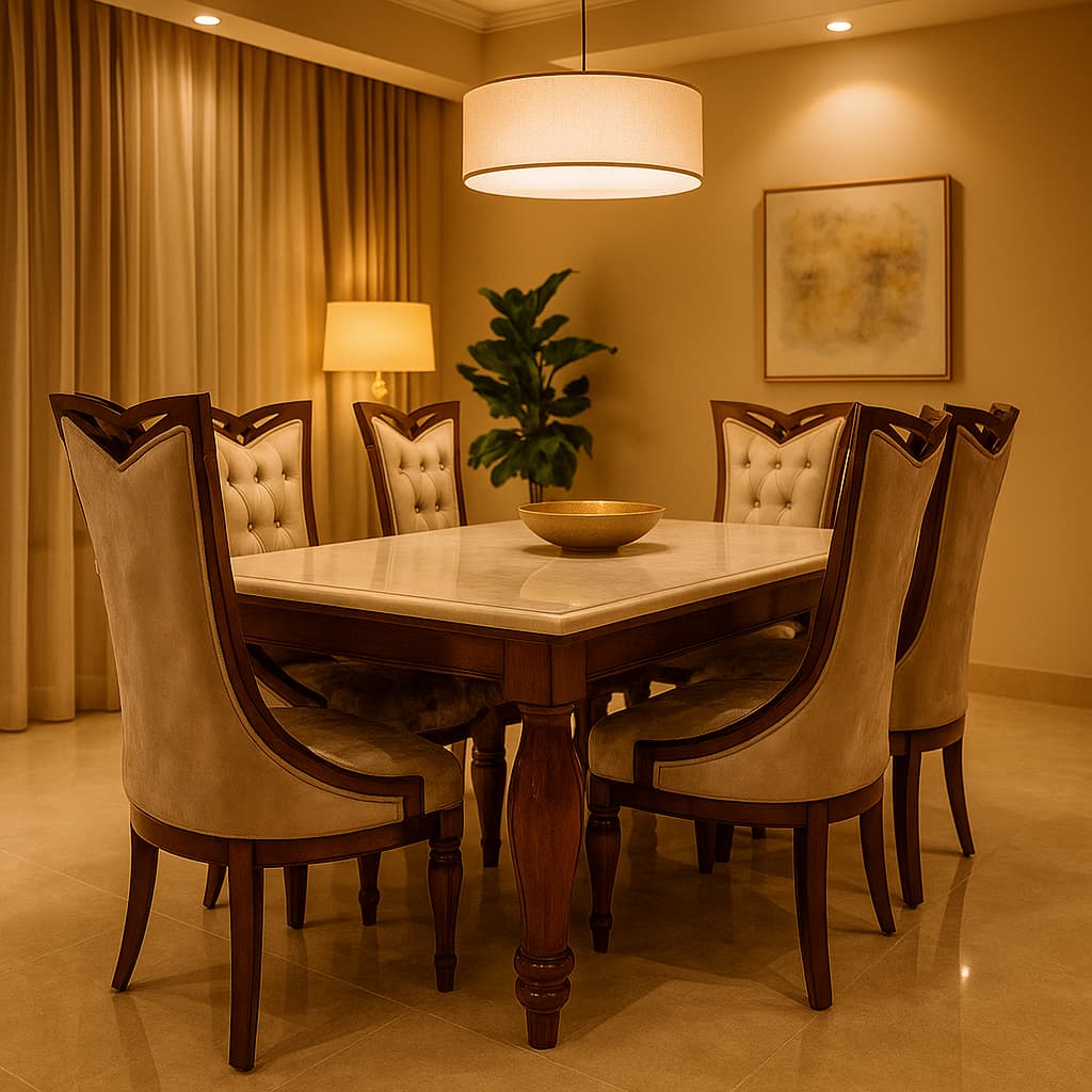 Aangan Imperial Velvet-Back 6-Seater Marble-Top Dining Set (Premium Teak Finish)
