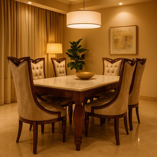 Aangan Imperial Velvet-Back 6-Seater Marble-Top Dining Set (Premium Teak Finish)