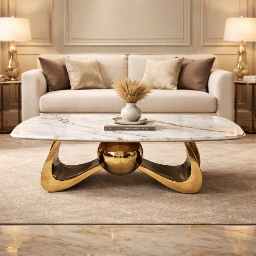 Designer Marble Top Centre Table with Gold Sculptural Base
