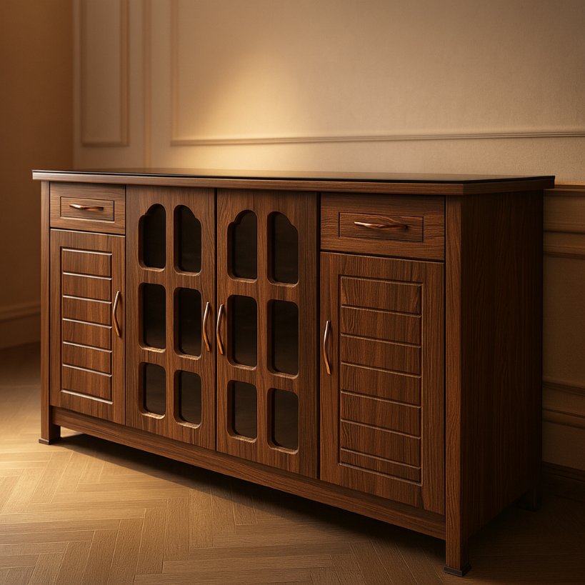 Solid Wood Sideboard Cabinet with Glass Panel Doors