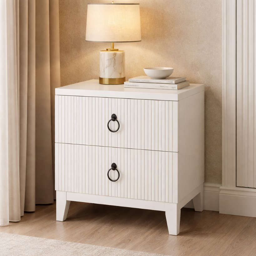 Aangan Fluted Bedside Table with 2 Drawers  Soft White Finish