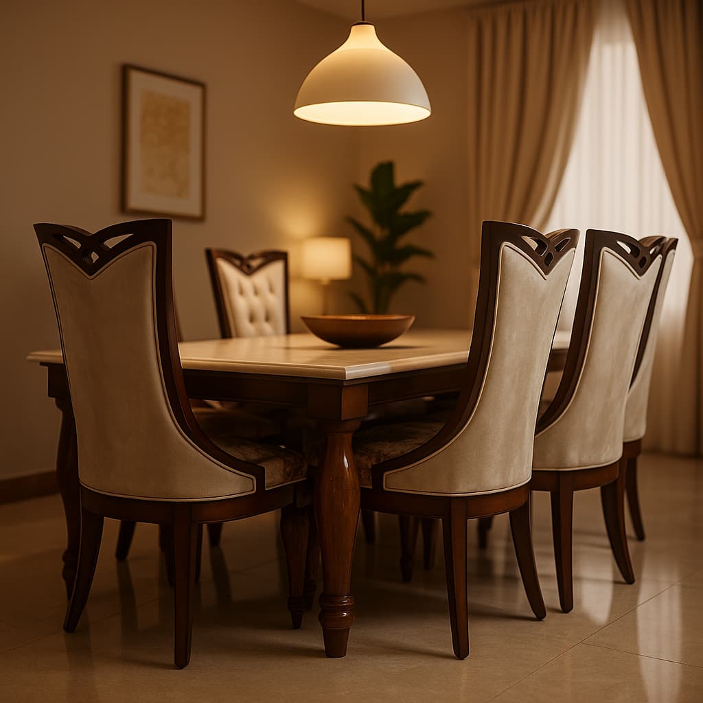 Aangan Imperial Velvet-Back 6-Seater Marble-Top Dining Set (Premium Teak Finish)