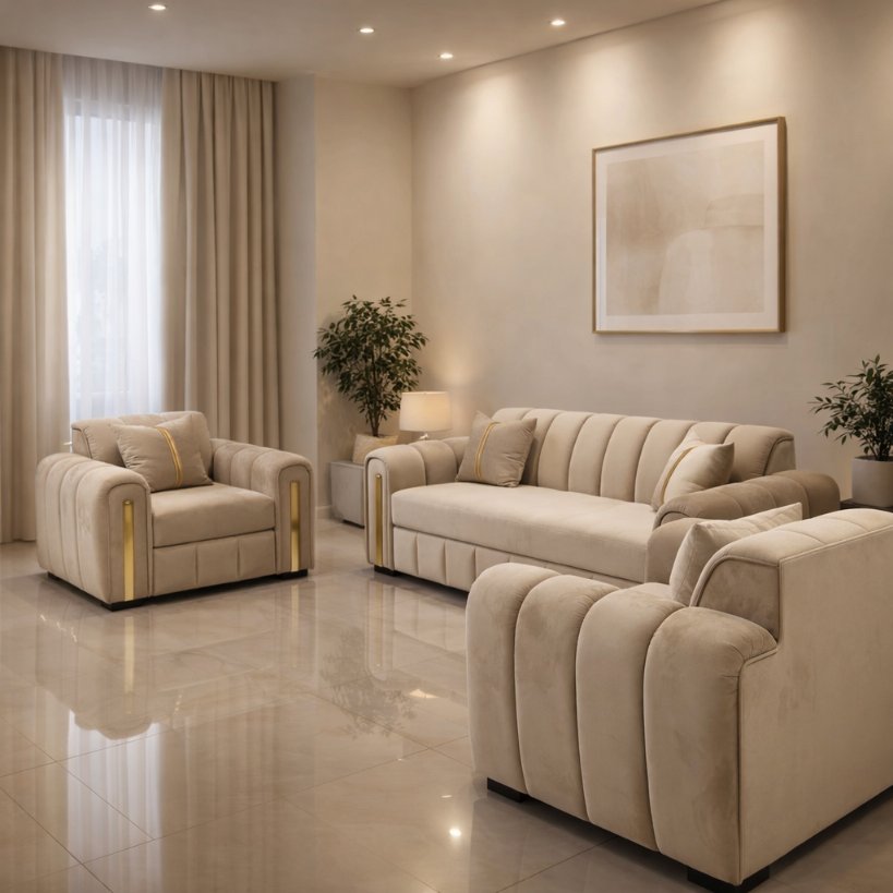 Aurora Plush Upholstered Sofa Set with Curved Arm Design