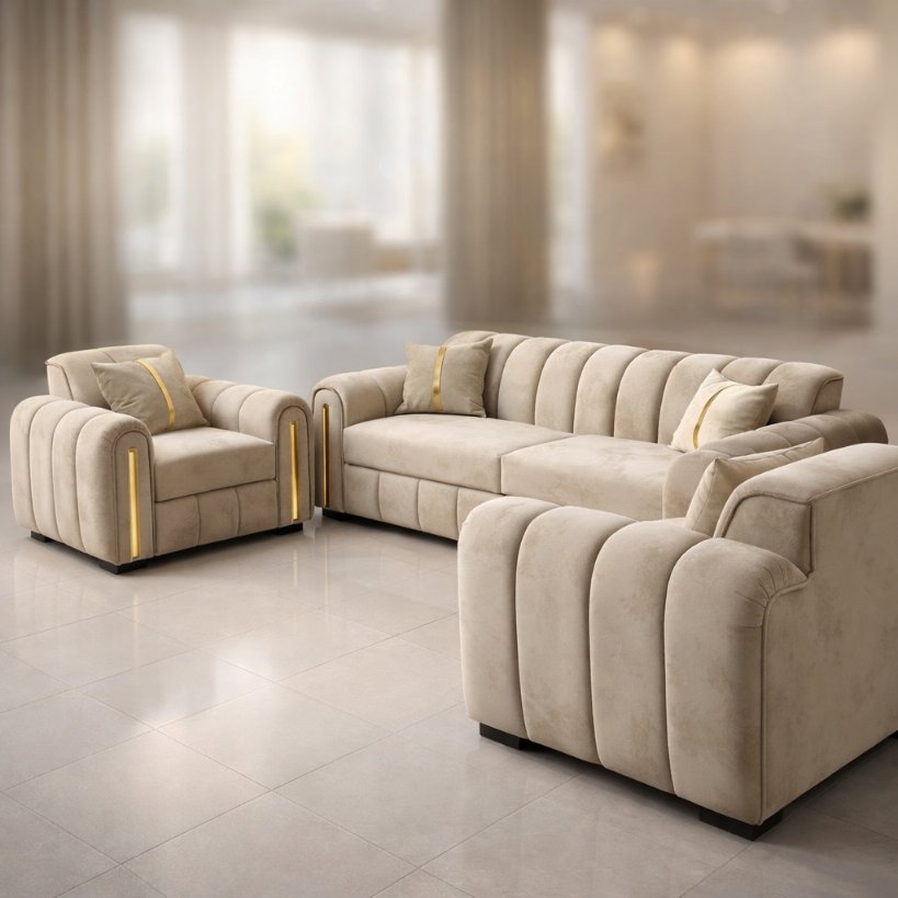 Aurora Plush Upholstered Sofa Set with Curved Arm Design