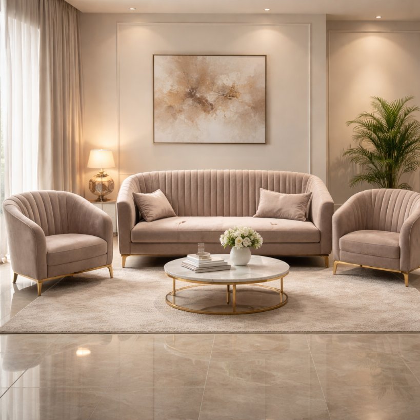 Lunara Velvet Sofa Set with Fluted Backrest & Gold-Finish Legs