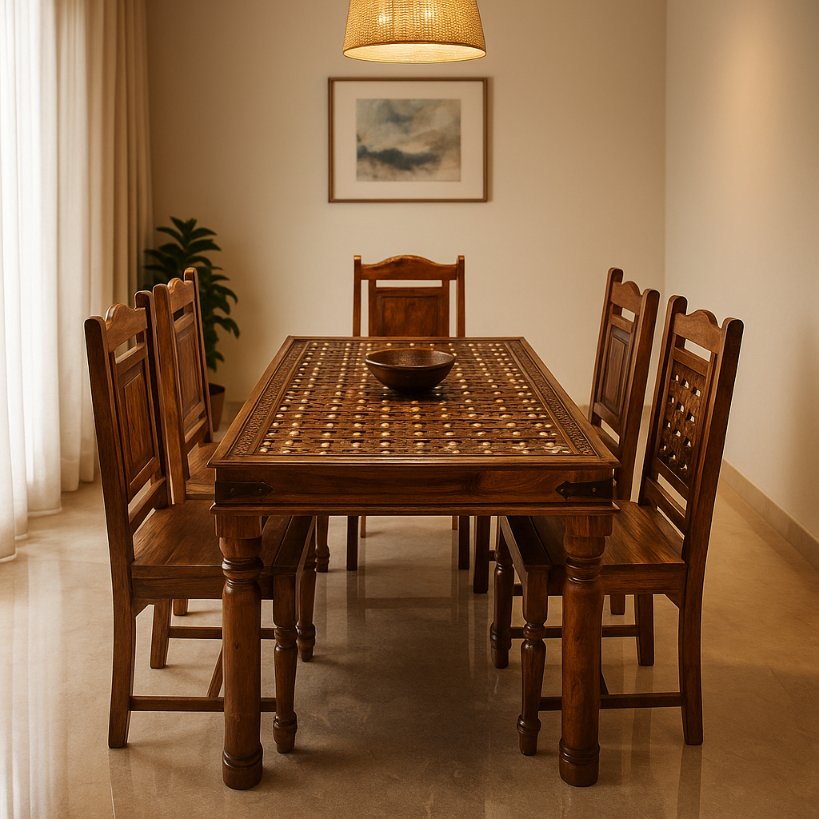 Aangan Sheesham Brass-Stud Heritage Dining Set – 6 Seater