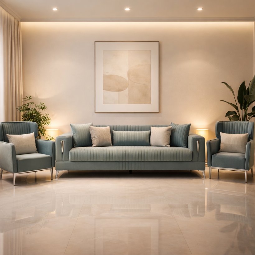 Aurelia Luxe Sofa Set in Deep Blue with Contemporary Ribbed Design