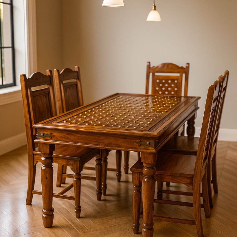 Aangan Sheesham Brass-Stud Heritage Dining Set – 6 Seater