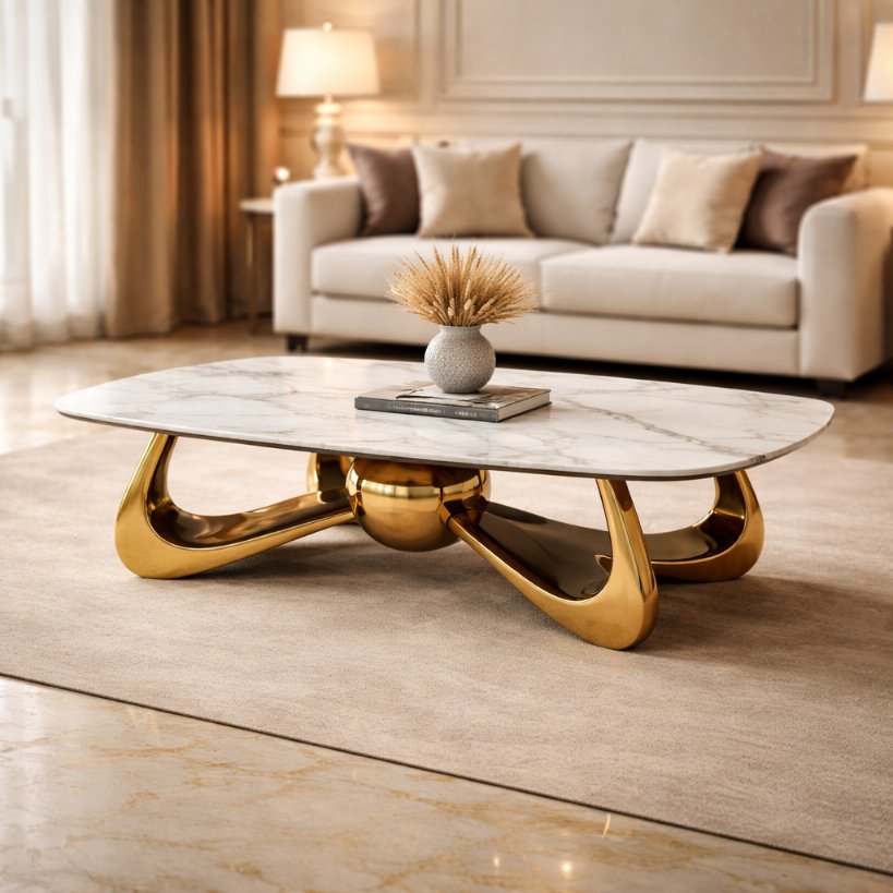 Designer Marble Top Centre Table with Gold Sculptural Base