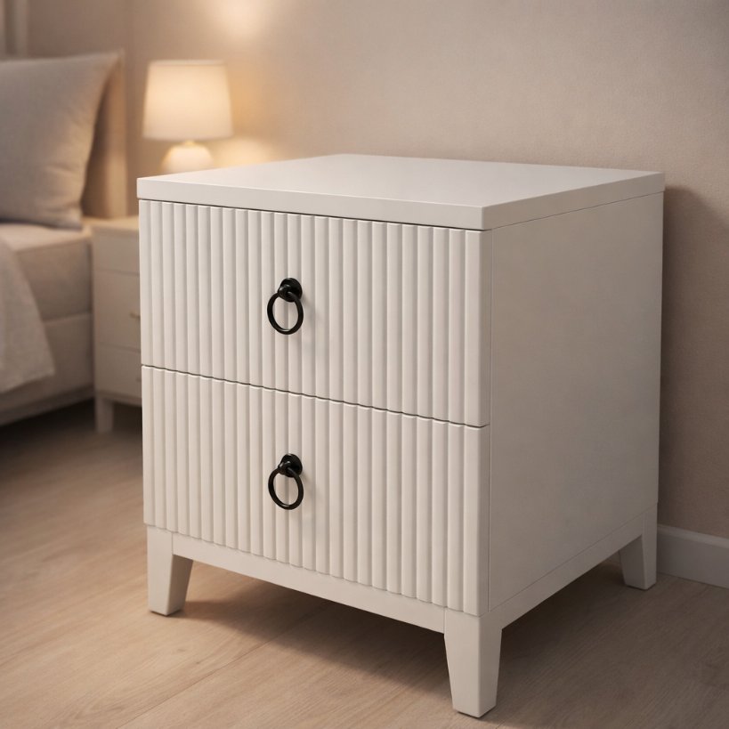 Aangan Fluted Bedside Table with 2 Drawers  Soft White Finish